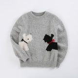 Kids Long Sleeve Cashmere Sweater Cashmere Knit Pullover Dog Pattern Grey 90