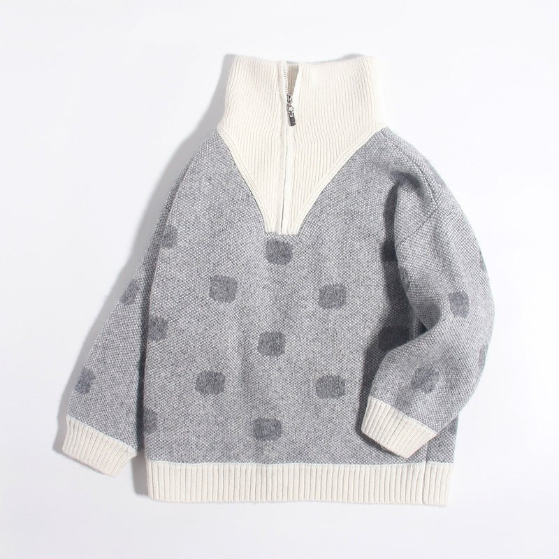 Kids Polka Dot Cashmere Sweater Contrast Zip Collar Cashmere Pullover Grey 90