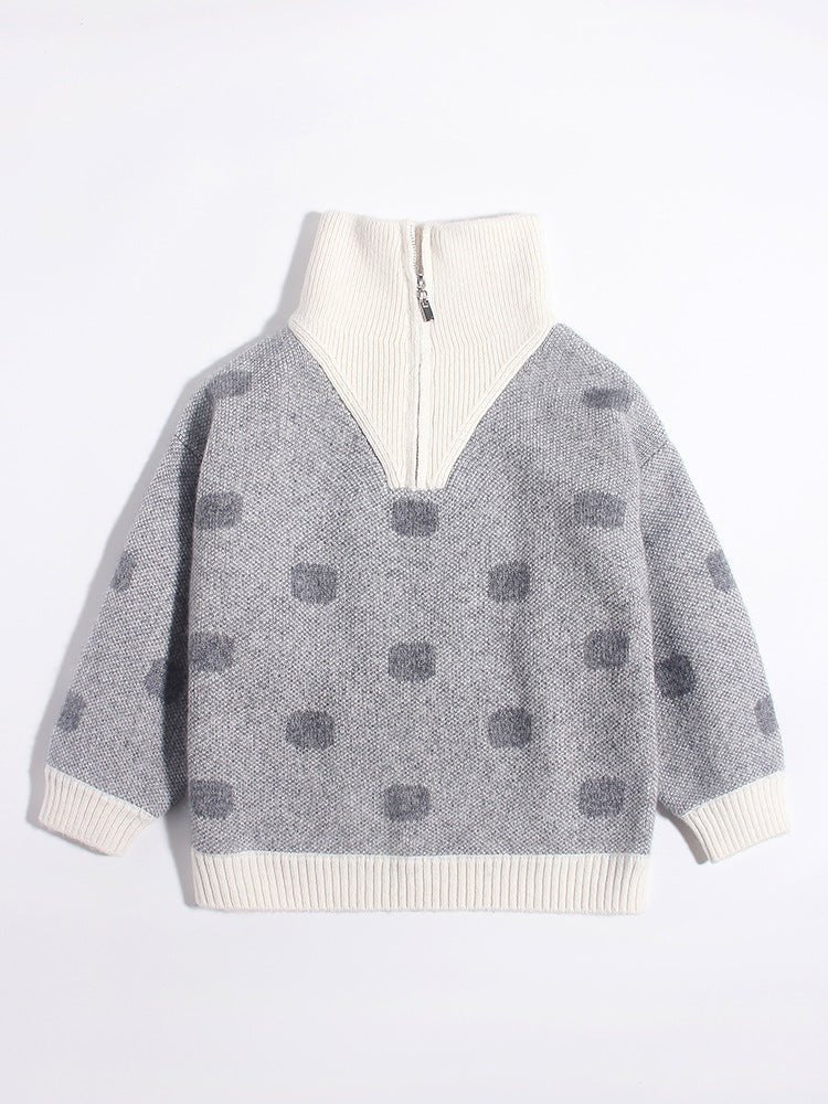 Kids Polka Dot Cashmere Sweater Contrast Zip Collar Cashmere Pullover Grey 90