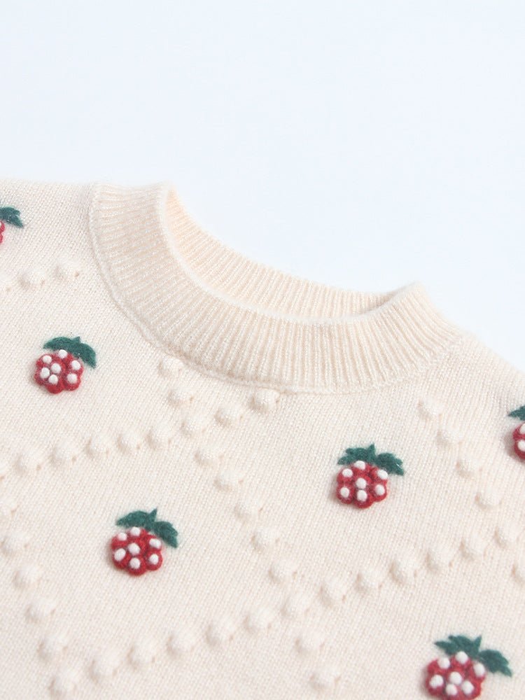 Girls Pure Cashmere Sweater Embroidered Strawberries Cashmere Pullover Ivory 90