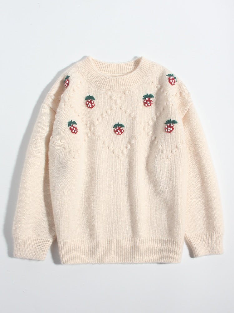 Girls Pure Cashmere Sweater Embroidered Strawberries Cashmere Pullover Ivory 90