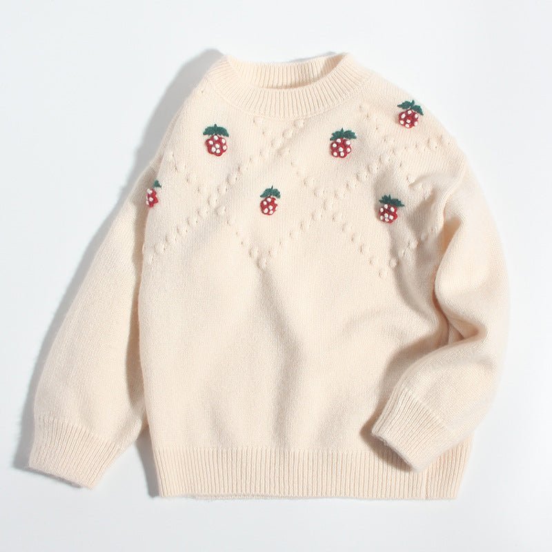 Girls Pure Cashmere Sweater Embroidered Strawberries Cashmere Pullover Ivory 90