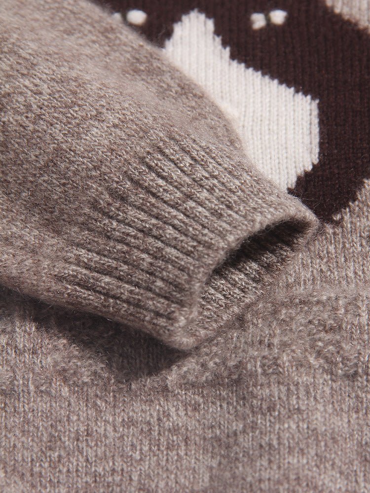 Kids Pure Cashmere Sweater Husky Dog Face Design Cashmere Pullover Taupe 90