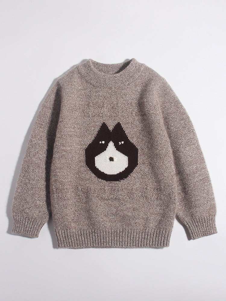 Kids Pure Cashmere Sweater Husky Dog Face Design Cashmere Pullover Taupe 90