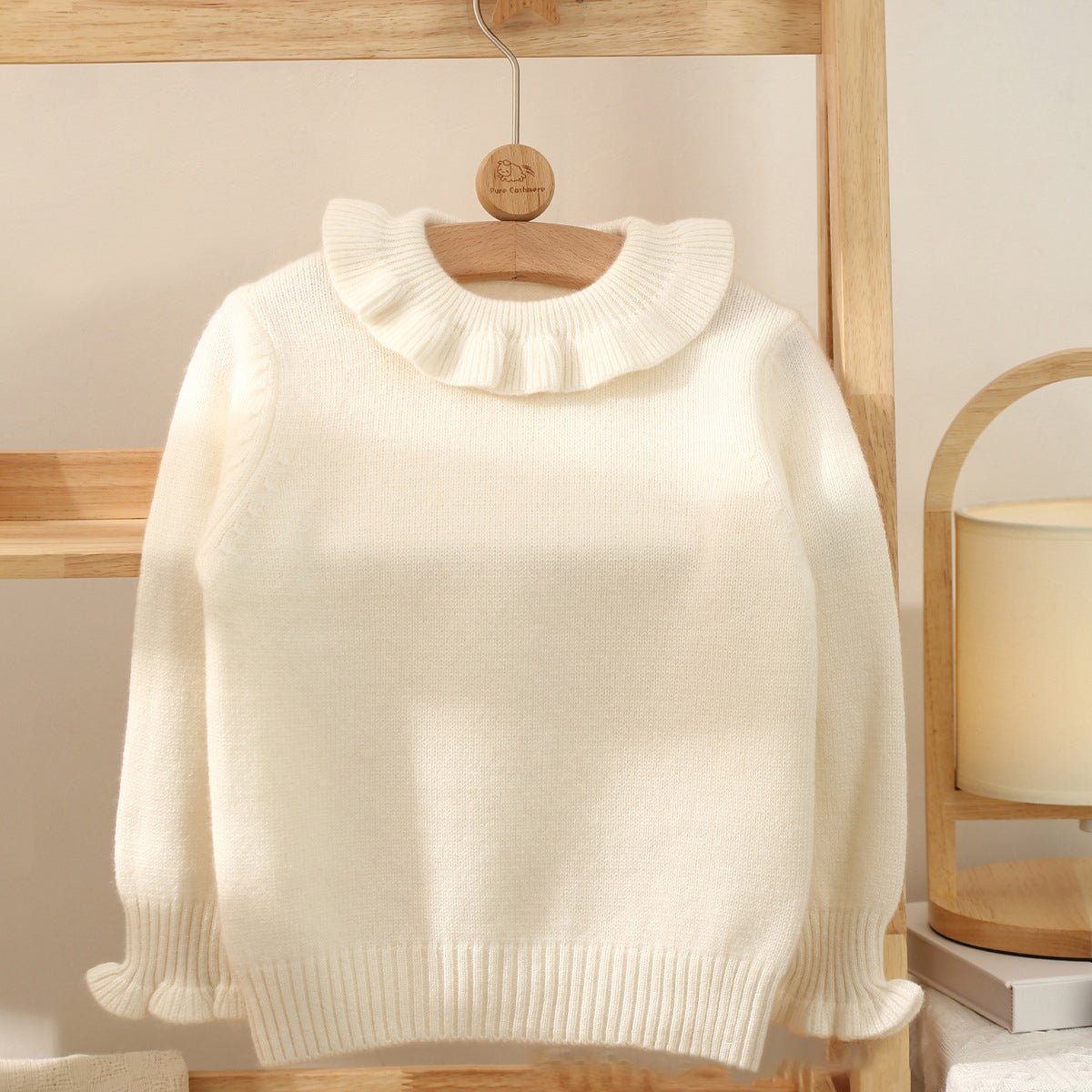 Kids Pure Cashmere Sweater Ruffled Neck and Cuffs Cashmere Pullover Ivory 90