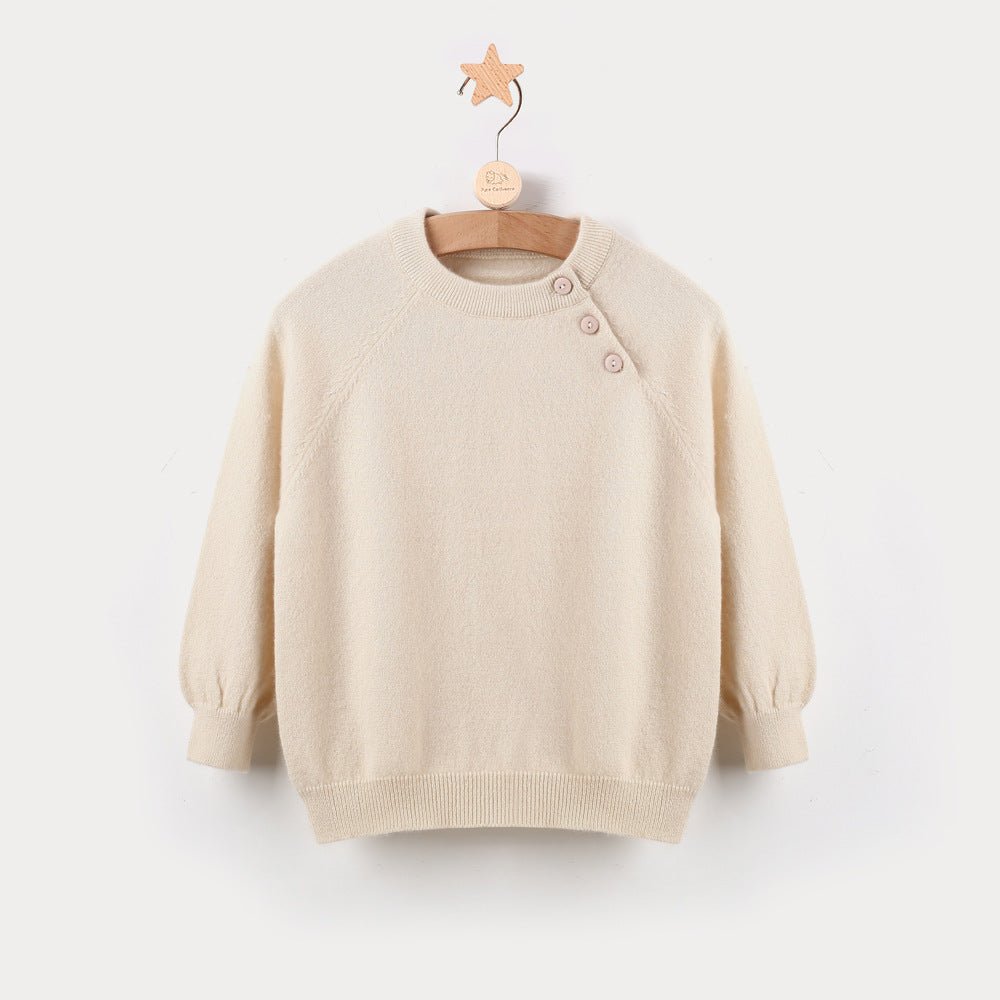 Kids Pure Cashmere Sweater Side Button Crew Neck Cashmere Pullover Beige 80
