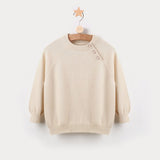 Kids Pure Cashmere Sweater Side Button Crew Neck Cashmere Pullover Beige 80