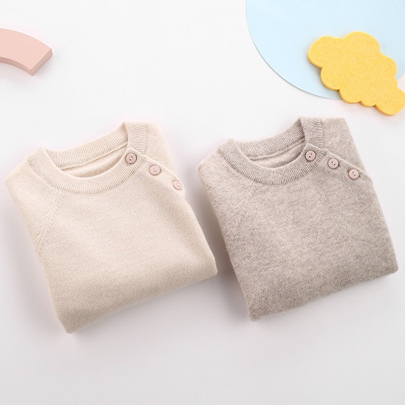 Kids Pure Cashmere Sweater Side Button Crew Neck Cashmere Pullover Beige 80