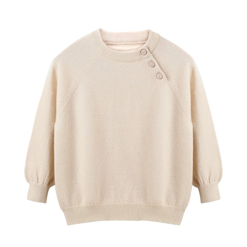 Kids Pure Cashmere Sweater Side Button Crew Neck Cashmere Pullover Beige 80