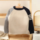 Kids Pure Cashmere Sweater Striped Sleeve Crew Neck Cashmere Top Navy Blue 90