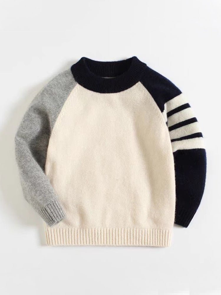 Kids Pure Cashmere Sweater Striped Sleeve Crew Neck Cashmere Top Navy Blue 90