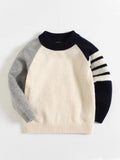 Kids Pure Cashmere Sweater Striped Sleeve Crew Neck Cashmere Top Navy Blue 90