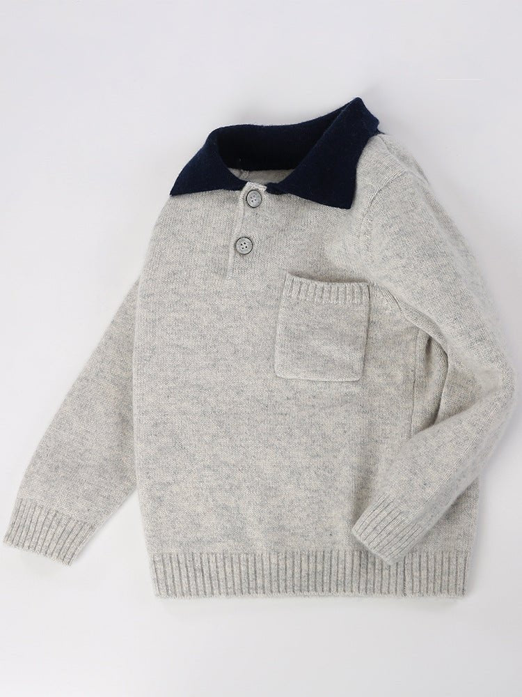Kids Pure Cashmere Sweater with Pocket Polo Neck Cashmere Pullover Grey 90