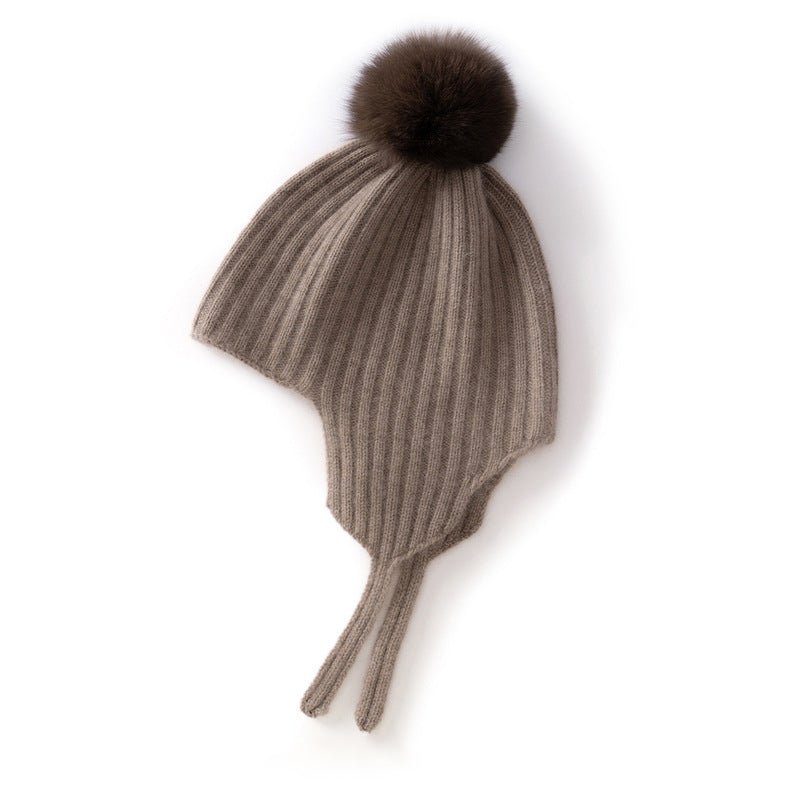 Kids Ribbed Cashmere Hat with Earflaps and Fluffy Pom Cashmere Knit Cap