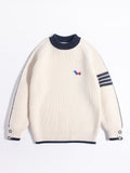 Kids Ribbed Cashmere Sweater Navy Trim Patch Detail Cashmere Pullover Ivory 90