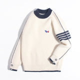 Kids Ribbed Cashmere Sweater Navy Trim Patch Detail Cashmere Pullover Ivory 90