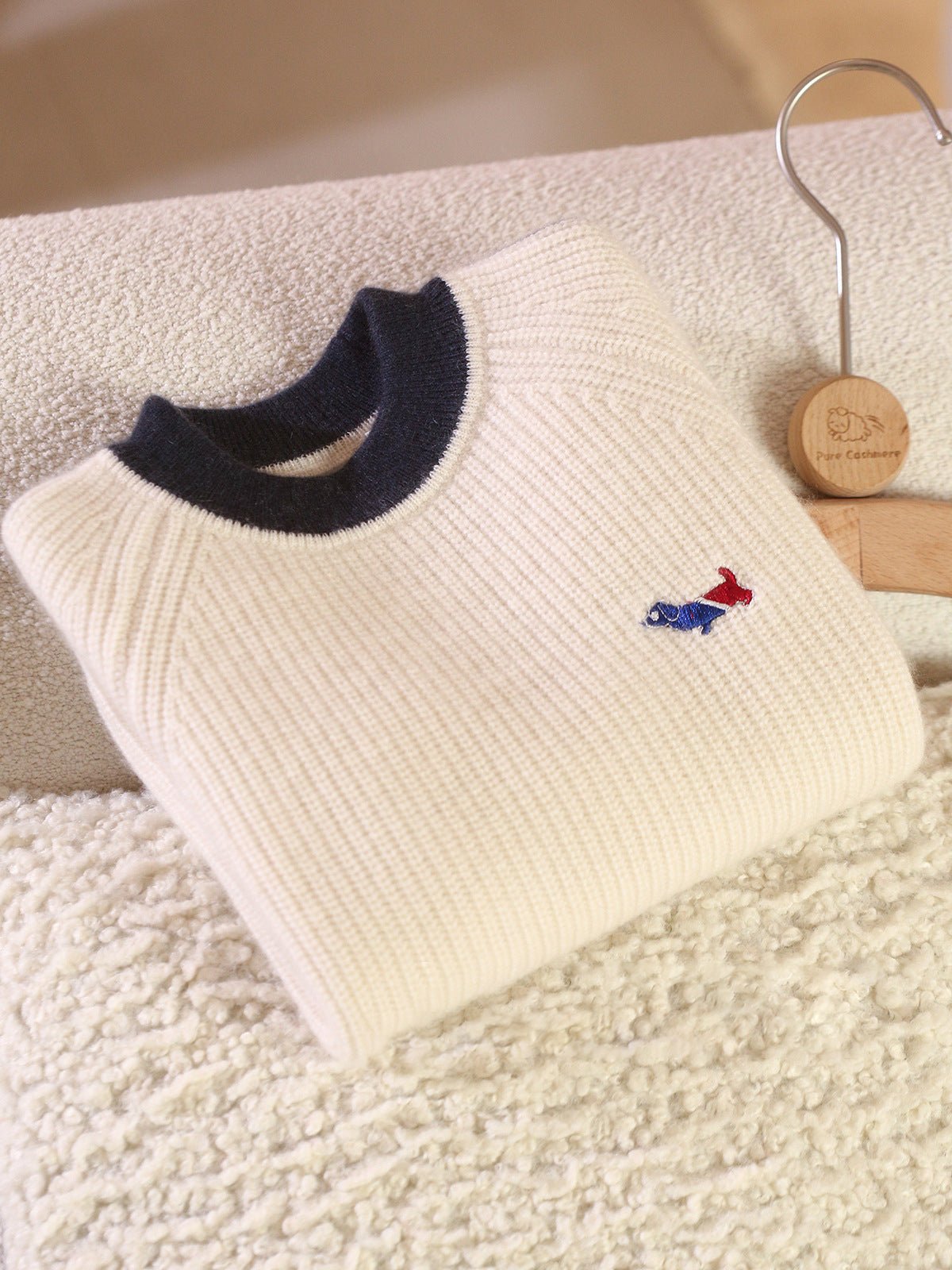 Kids Ribbed Cashmere Sweater Navy Trim Patch Detail Cashmere Pullover Ivory 90
