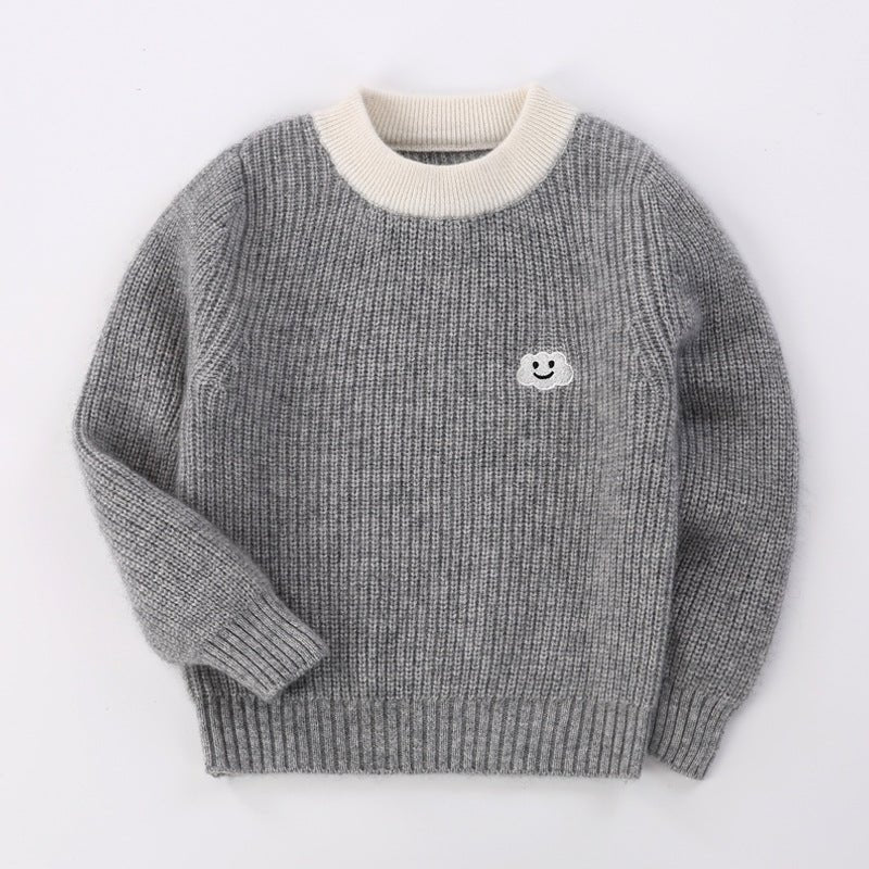 Kids Ribbed Cashmere Sweater Smiley Patch Crew Neck Cashmere Pullover Grey 90