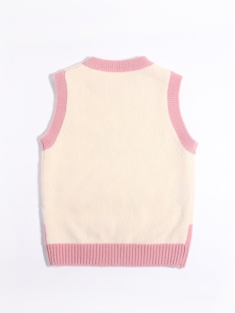 Kids Sleeveless Knit Vest Smiling Flower and Tulip Cashmere Sweater Beige 90