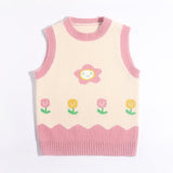 Kids Sleeveless Knit Vest Smiling Flower and Tulip Cashmere Sweater Beige 90