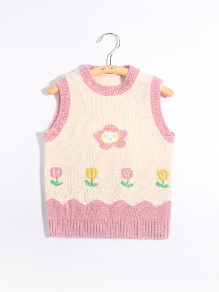 Kids Sleeveless Knit Vest Smiling Flower and Tulip Cashmere Sweater Beige 90