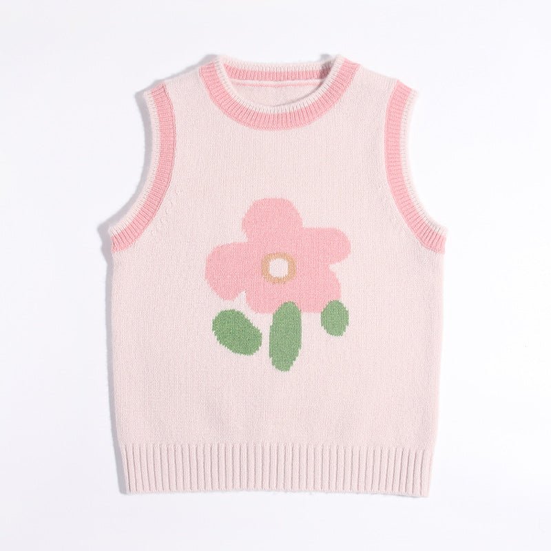 Kids Spring Fall Cashmere Vest Flower Design Cashmere Knit Pullover Pink 80