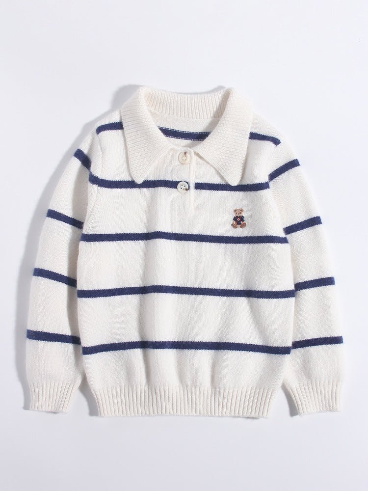 Kids Striped Cashmere Sweater Polo Neck Embroidered Bear Cashmere Pullover Ivory 90