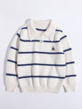 Kids Striped Cashmere Sweater Polo Neck Embroidered Bear Cashmere Pullover Ivory 90