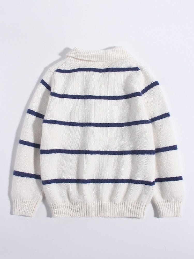 Kids Striped Cashmere Sweater Polo Neck Embroidered Bear Cashmere Pullover Ivory 90