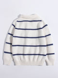 Kids Striped Cashmere Sweater Polo Neck Embroidered Bear Cashmere Pullover Ivory 90