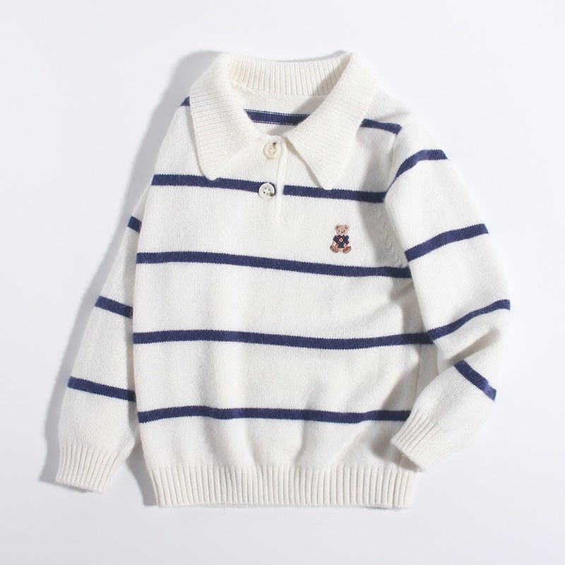 Kids Striped Cashmere Sweater Polo Neck Embroidered Bear Cashmere Pullover Ivory 90