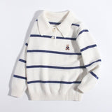Kids Striped Cashmere Sweater Polo Neck Embroidered Bear Cashmere Pullover Ivory 90