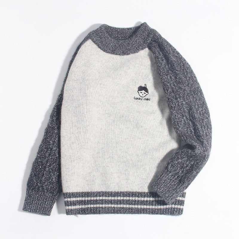Kids Two Tone Cashmere Sweater Cable Knit Sleeve Cashmere Pullover Grey 90
