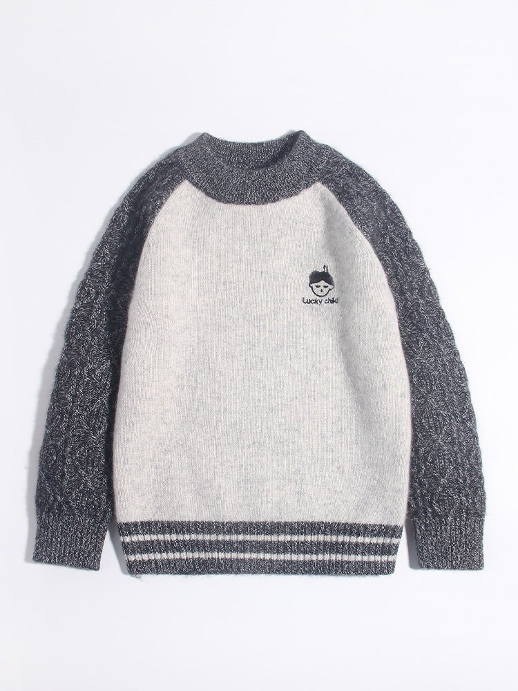 Kids Two Tone Cashmere Sweater Cable Knit Sleeve Cashmere Pullover Grey 90