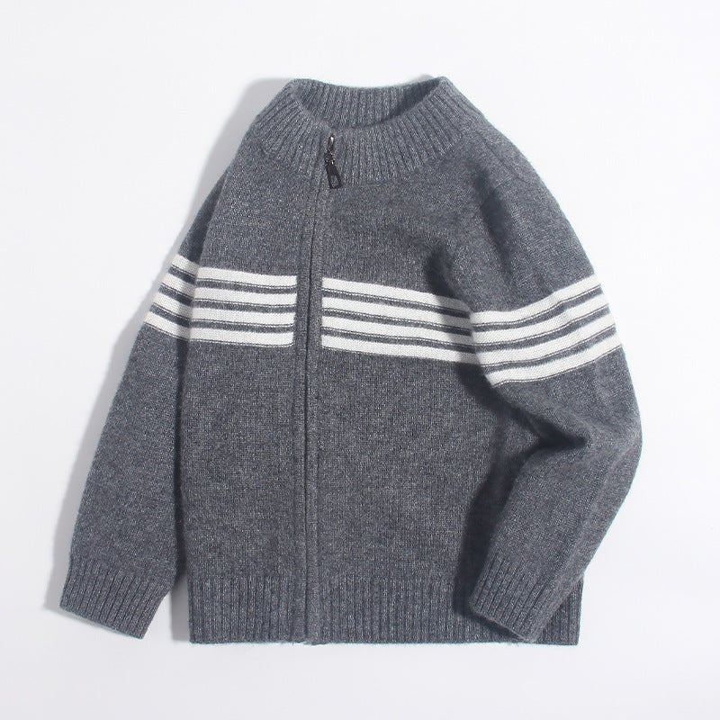 Kids Zip - Up Pure Cashmere Sweater Sporty Stripe Cashmere Jacket Dark Grey 90
