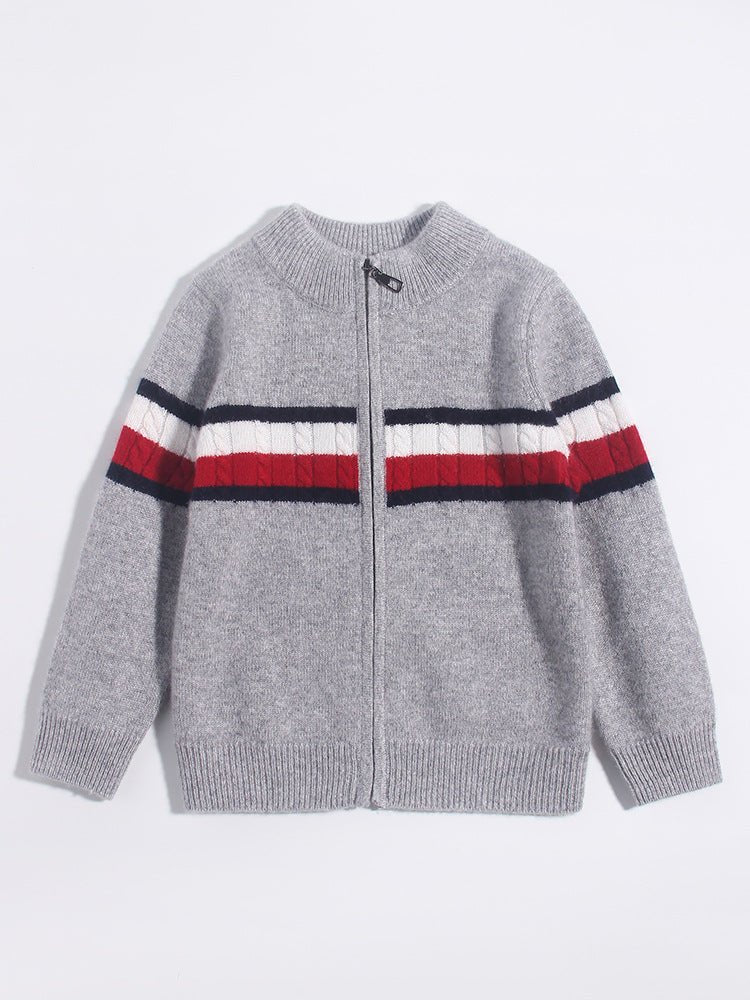 Kids Zip - Up Pure Cashmere Sweater Sporty Stripe Cashmere Jacket Grey 90
