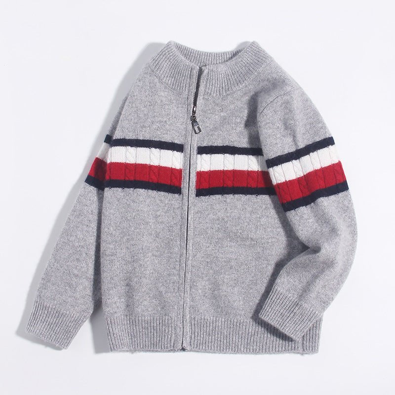 Kids Zip - Up Pure Cashmere Sweater Sporty Stripe Cashmere Jacket Grey 90