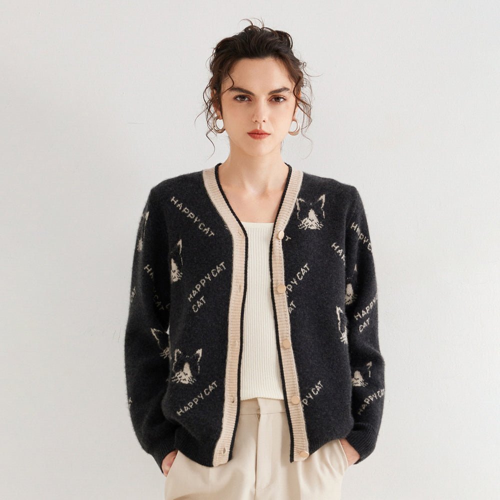 Lady Jacquard Knit Cashmere Cardigan Cat Pattern V Neck Cashmere Coat