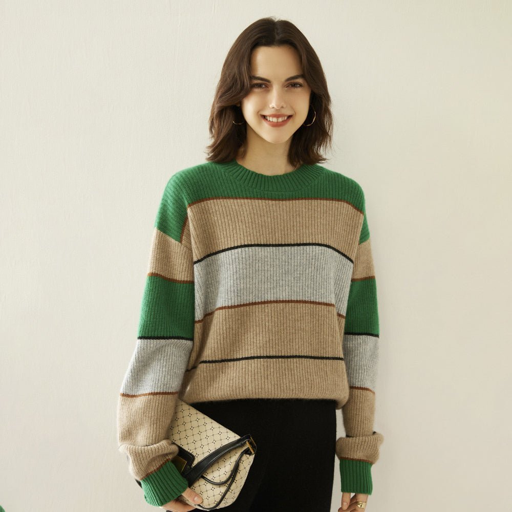 Lady Striped Cashmere Sweater Crewneck Colorblock Knit Drop Shoulder