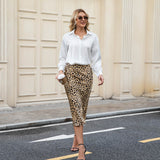 Leopard Print Silk Midi Skirt for Women High Waist Silk Dress Silk Pencil Skirt
