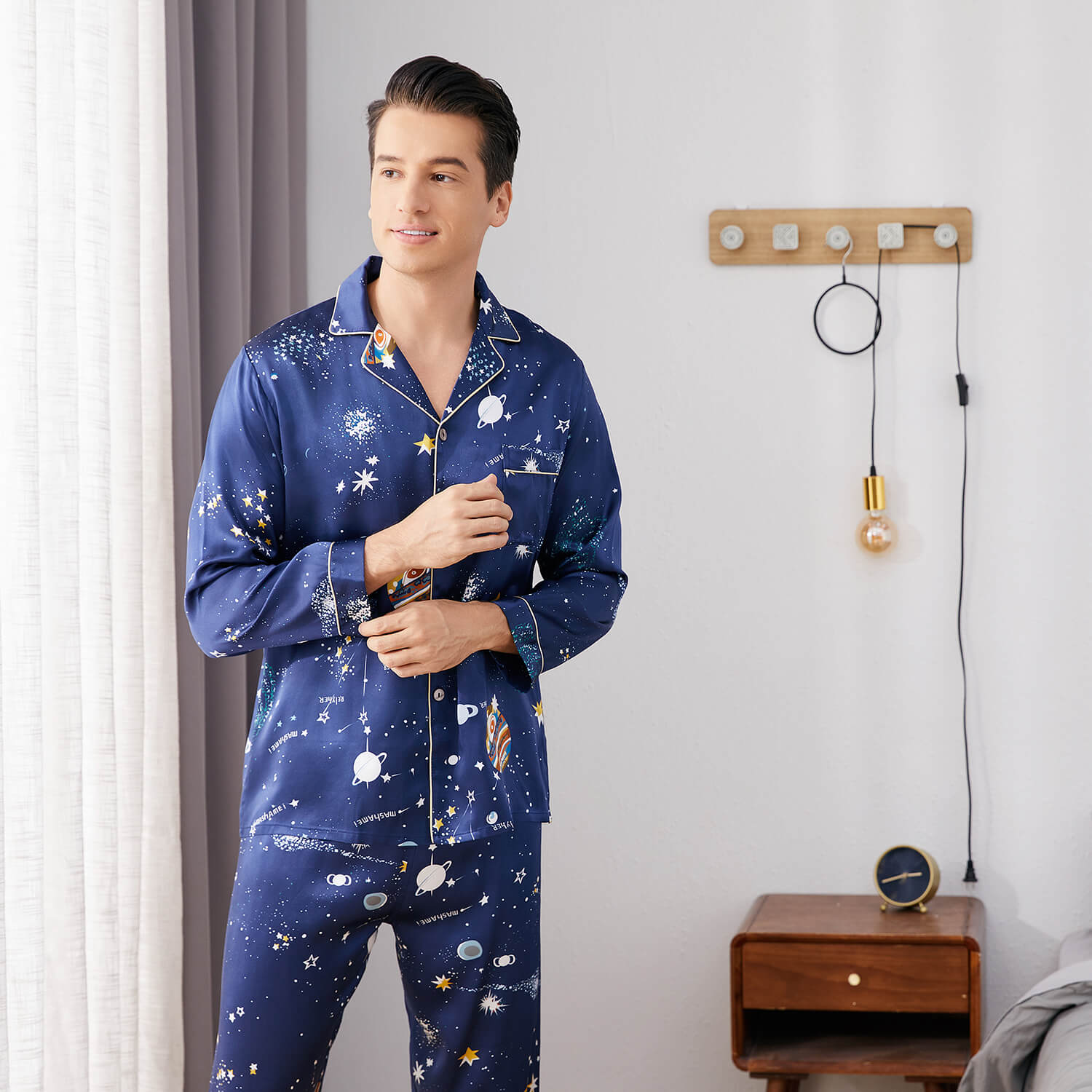 Long Galaxy Print Men Silk Pajama Set Luxury Silk Nightwear