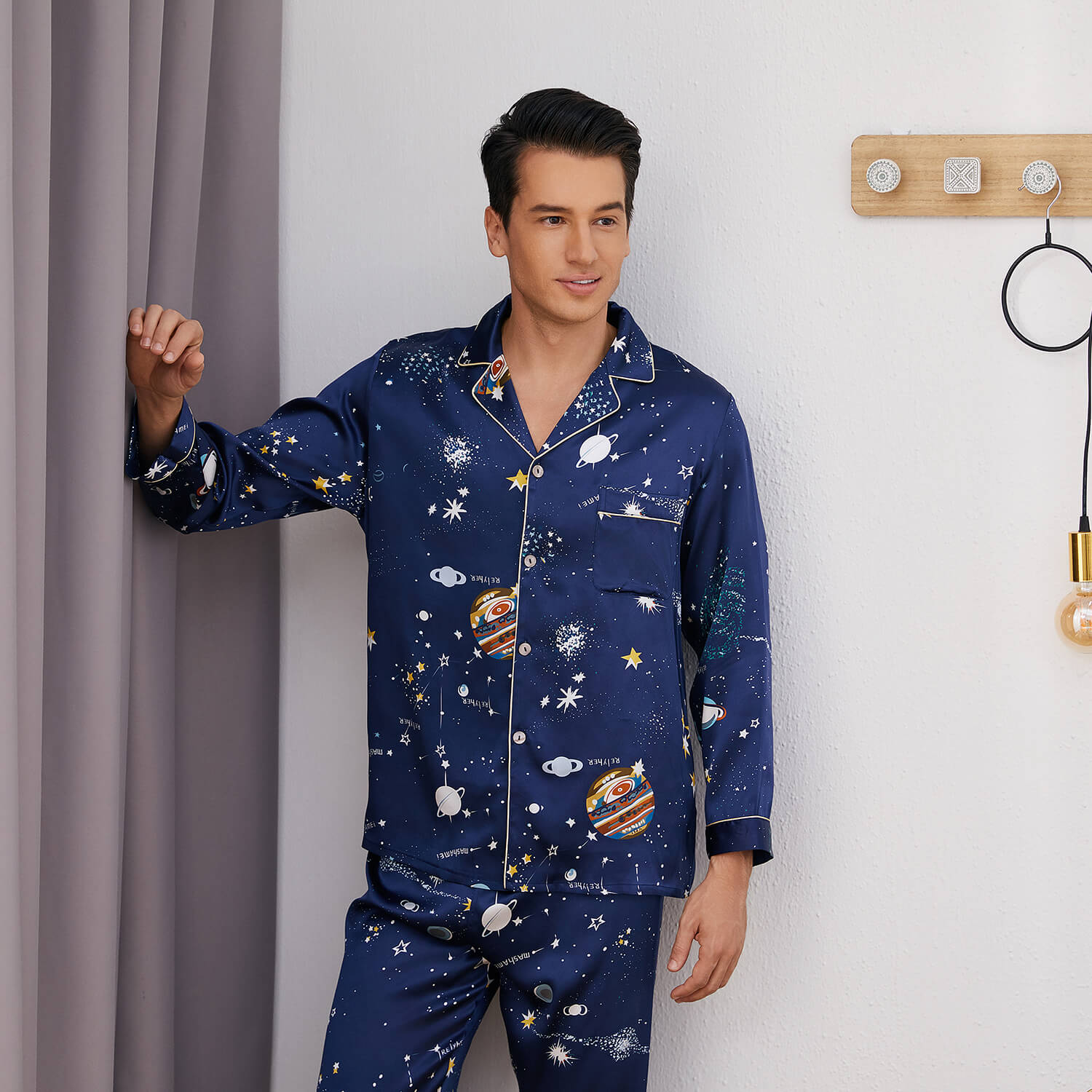 Long Galaxy Print Men Silk Pajama Set Luxury Silk Nightwear