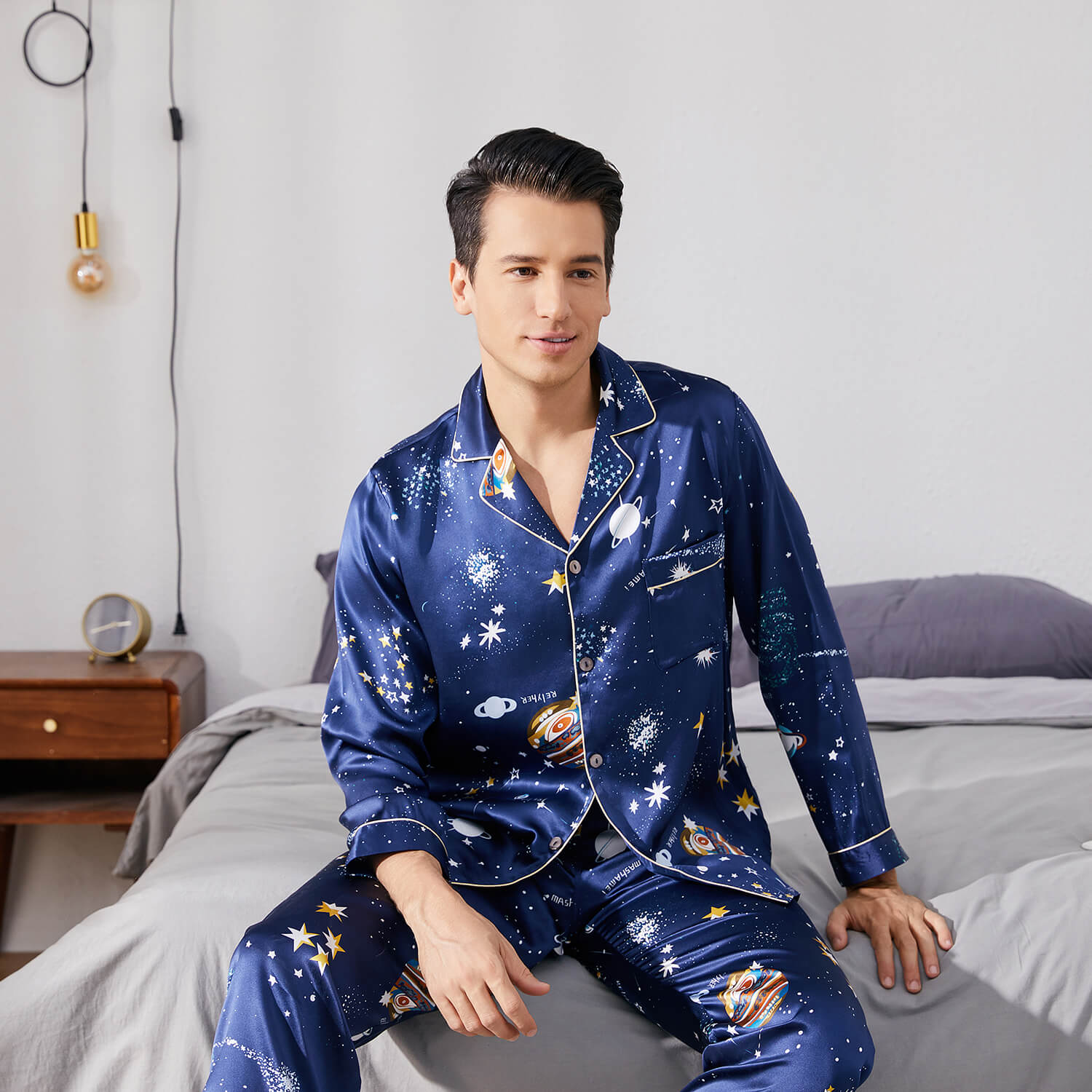 Long Galaxy Print Men Silk Pajama Set Luxury Silk Nightwear
