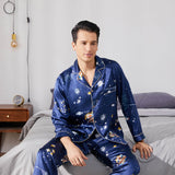 Long Galaxy Print Men Silk Pajama Set Luxury Silk Nightwear