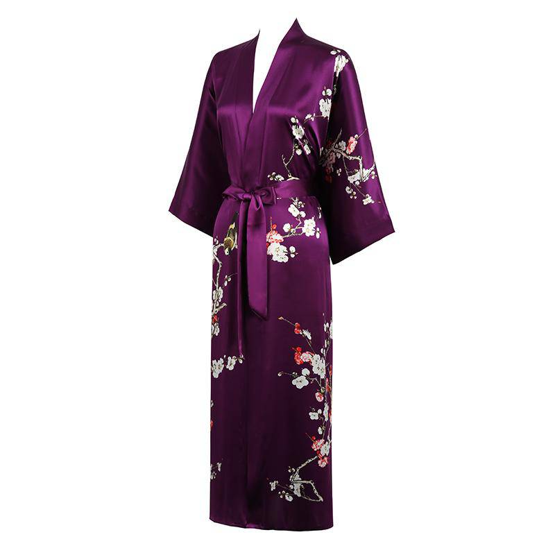 Long Silk Kimono For Women Cherry Blossom Printing Silk Robe