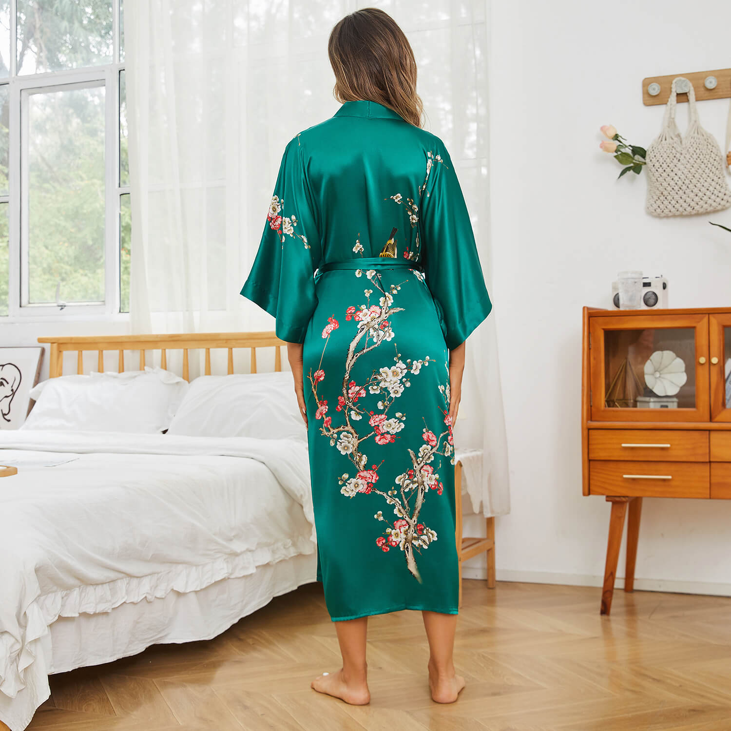 Long Silk Kimono For Women Cherry Blossom Printing Silk Robe