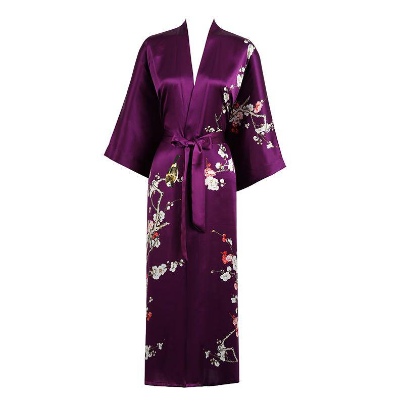 Long Silk Kimono For Women Cherry Blossom Printing Silk Robe