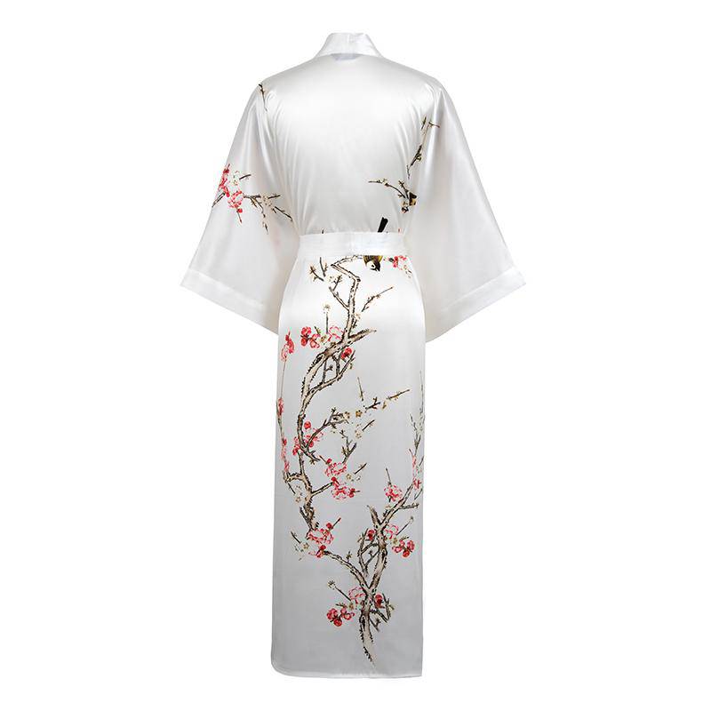 Long Silk Kimono For Women Cherry Blossom Printing Silk Robe