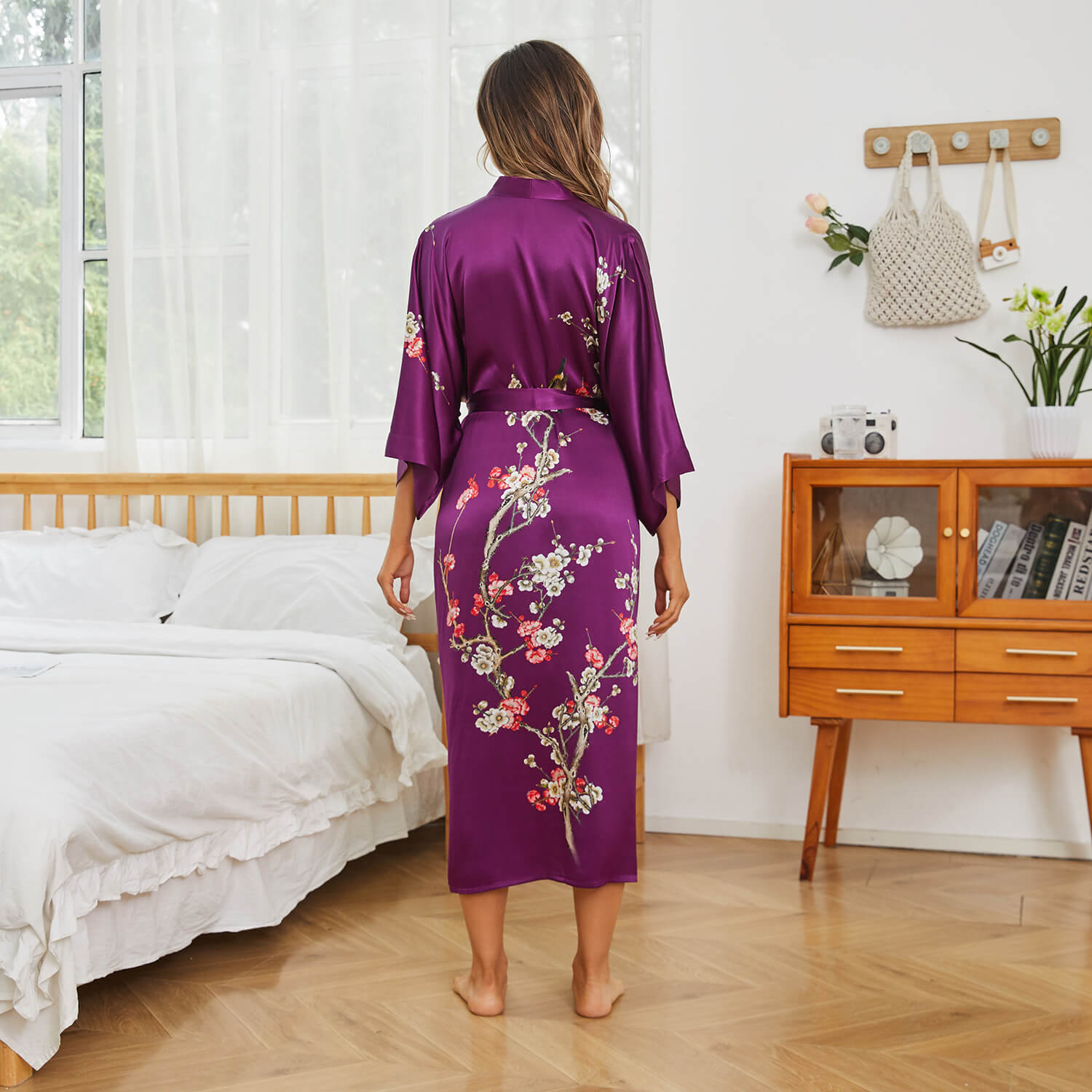Long Silk Kimono For Women Cherry Blossom Printing Silk Robe