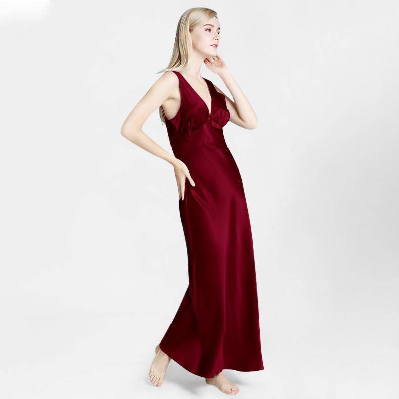 Long Silk Nightgown For Women Wide Strap V Neck Silk Nightdress